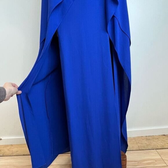 BCBG Maxazria Size 0 Blue Cutout Formal Wear Maxi Dress Gown Ruffled Swifty - Picture 3 of 15